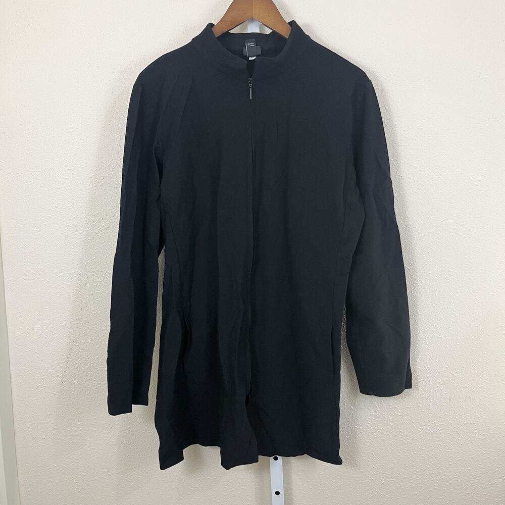 Eileen Fisher Stretch Longline Mandarin Collar Double Zip Jacket L Black